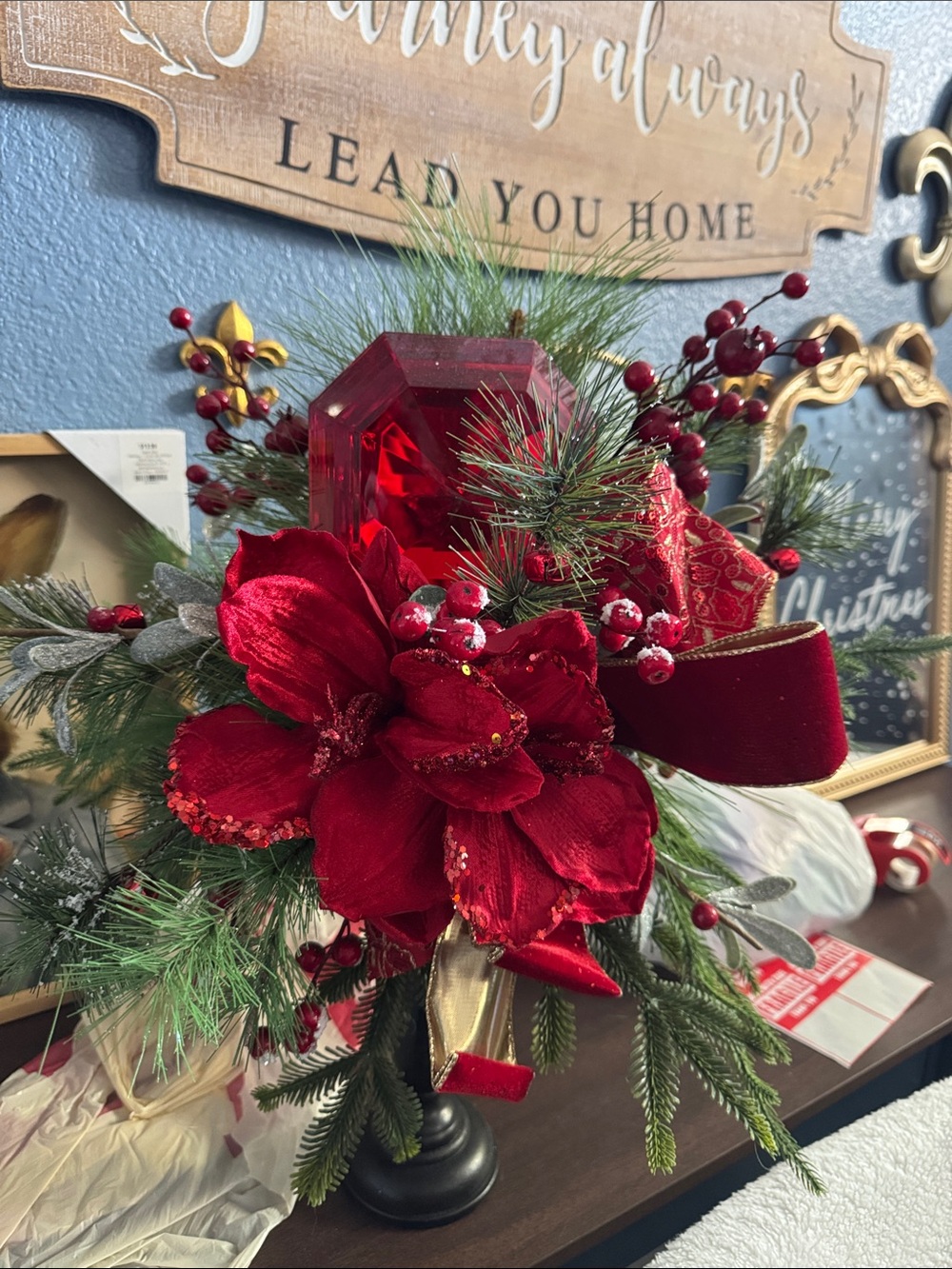 Festive Red Holiday Floral Centerpiece with Velvet Ribbon